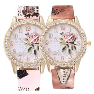 Diamond-inlaid Gold Case Rose Pattern Fashion Quartz Watch