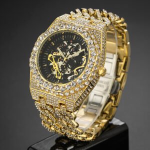 Full Diamond Hip Hop Cuban Link Chain Stitching Hollow Automatic Mechanical Watch