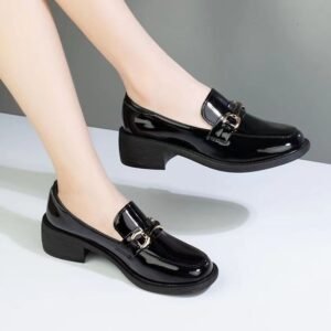 Dark Green Glossy Chunky Heel Metal Buckle Loafers For Women