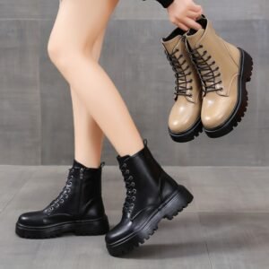 British Style Boots With Chunky Heels Women's Platform Lace-up