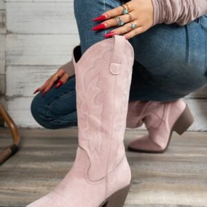 Pointed Toe Western Cowboy Boot Women's Large Size Embroidered Thick Boots