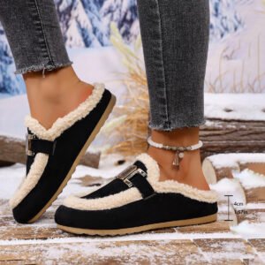 Women's Flat Lamb Wool Slippers Winter New Birkenstock Closed Toe Fluffy Shoes Lazy Cotton Slippers