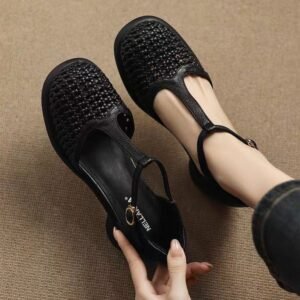 New Summer Soft Leather Roman Platform Mary Jane Shoes Hollow High Heel Pumps