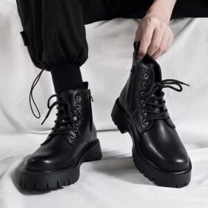 Men's High-top Side Zipper Leather Shoes Black Mid-Top Increased By Worker Boot