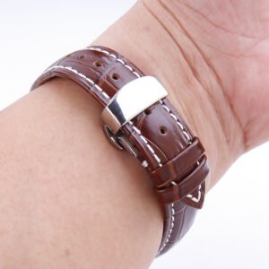 Double Click Elastic Butterfly Clasp Top Layer Cow Leather Watch Strap